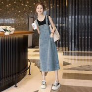 邦伊芙洋氣牛仔背帶裙女中長(cháng)款2024夏季新款韓版遮肉顯瘦連衣裙子潮 淺藍色 S 【建議100斤以下】