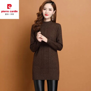 皮爾卡丹（pierre cardin）針織衫女加絨/加厚毛衣半高領(lǐng)中長款毛衣純色秋冬加厚寬松針織 深咖色 L 105-115斤