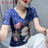RLAS素雅花色印花網(wǎng)紗t恤女短袖歐洲站夏季時(shí)尚修身顯瘦上衣洋氣小衫 9968# 藍色 V領(lǐng) XL