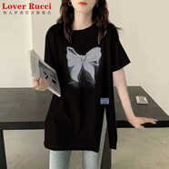 LOVER RUCCI黑色下擺開叉短袖t恤女夏季2025新款純棉寬松長t中長款遮屁股上衣 黑色開叉-蝴蝶結(jié) XL 135-150斤