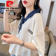 皮爾卡丹（pierre cardin）polo領(lǐng)拼接短袖t恤女夏季2025新款寬松韓版小個子洋氣設(shè)計感上衣 9130杏色 L (適合111-130斤)