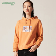 布景衛(wèi)衣女秋季新品潮流撞色印花長袖連帽抽繩直筒套頭外套 橙色 S