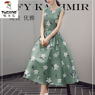 啄木鳥歐美風(fēng)連衣裙女2024夏季新款韓版中長款印花無袖收腰大擺氣質(zhì)長裙 綠色 S