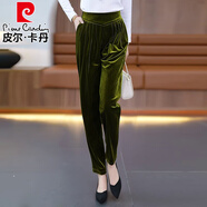 皮爾卡丹（pierre cardin）金絲絨休閑褲女2025款秋冬小腳哈倫褲直筒寬松高腰顯瘦母親蘿卜褲 綠色 M 建議體重85斤-110斤