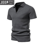 JEEP SPIRIT男士高端短袖2025夏季翻領純色復古棉個性潮流V領T恤男修身體恤衫 深灰色 5XL 200-230斤