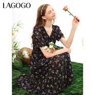 LAGOGO法式波點(diǎn)碎花連衣裙女拉谷谷夏季新款氣質(zhì)V領(lǐng)雪紡A字中長(cháng)裙 混色(Y0) XL
