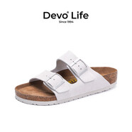 Devo Life的沃軟木拖鞋男女同款情侶絨面夏季勃肯鞋一字涼鞋休閑拖鞋2618 米白反絨牛皮 42 （建議拍小一碼）