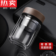 特拉法光一茶水分離泡茶杯雙層隔熱玻璃杯男女保溫便攜防摔小巧迷你水杯 皮紋棕310+杯刷