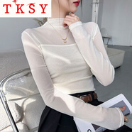 TKSY小半高領(lǐng)網(wǎng)紗黑色打底衫女士時(shí)尚長(cháng)袖T恤2025新款薄款上衣感 米白色 XL