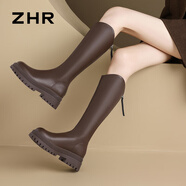 ZHR長筒靴女過膝皮帶扣便捷拉鏈皮靴增高顯瘦女靴女鞋加絨保暖騎士靴 棕色（BL316A-簡約款-加絨） 36