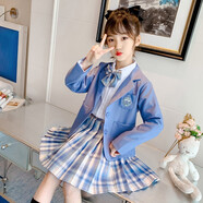 溜溜蛙女童套裝2021新款春秋季韓版中大兒童長(cháng)袖西裝女孩子網(wǎng)紅公主裙小學(xué)生休閑JK三件套3-16歲潮 藍色(外套+襯衫+裙子 三件套) 140碼建議身高125-135cm