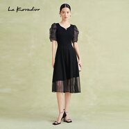 拉珂蒂（La Koradior）[商場(chǎng)同款]夏季法式洋裝燈籠袖釘珠針織連衣裙 黑色 L