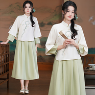 妖妮旗袍漢服女成人年輕日常2025春裝長袖新中式國風繡花兩件套8210 杏色上衣+671半身裙 厚款 S （建議體重85-100）