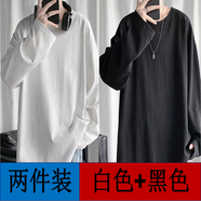 嘉曄長袖t恤男春秋季打底衫圓領(lǐng)寬松休閑百搭印花青年男士體恤痞帥ins 白色+黑色【兩件裝】 XL 【100-120斤】