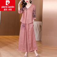 皮爾卡丹（pierre cardin）棉麻休閑褲套裝女時(shí)尚洋氣時(shí)髦民族風(fēng)夏裝苧麻上衣亞麻闊腿褲 粉紅色套裝 M