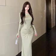 蝶霓斯夜店歐美時(shí)尚性感褶皺長(zhǎng)袖連衣裙秋冬高腰顯身材修身長(zhǎng)款打底包臀 淺綠色 S 85-95斤