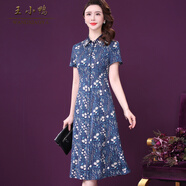 王小鴨桑蠶絲連衣裙女春夏新款手工刺繡復古緞面裙子 藍色 L