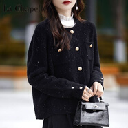 拉夏貝爾（La Chapelle）針織開(kāi)衫女秋裝2024年寬松韓版圓領(lǐng)短款羊 絨外搭女士毛衣外套 純100自動(dòng)發(fā)熱黑色 純100自動(dòng)發(fā)熱M  【90-105斤穿】