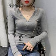 Mad Cortes 原創(chuàng  )設計感性感低胸長(cháng)袖T恤女新款修身洋氣小衫外穿V領(lǐng)打底上衣 灰色 S