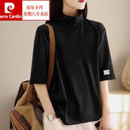 皮爾卡丹2024新款大碼短袖t恤女純棉夏裝韓版寬松顯瘦百搭半高領(lǐng)半袖上衣 黑色 2XL 建議130-150斤
