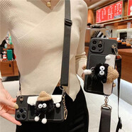 領(lǐng)悍 蘋(píng)果手機(jī)殼煤球公仔零錢(qián)包保護(hù)套潮男女款背帶斜挎網(wǎng)紅情侶款全包防摔毛絨公仔棕色跳跳熊 黑色-煤球公仔卡包-斜挎繩 4.7英寸-蘋(píng)果7