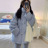 伊琦蕾羽絨棉服女2025年新款冬季韓版牛角扣可愛棉衣面包服學(xué)生棉襖外套 藍(lán)色 L 120-135斤
