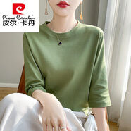 皮爾卡丹絲光棉七分袖t恤女2025新款夏季高等純棉短袖圓領(lǐng)寬松正肩白T恤 草綠色【圓七分袖】 XL