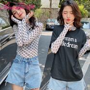 嬈蝶網(wǎng)紅印花網(wǎng)紗打底衫女士薄款夏季長(zhǎng)衫長(zhǎng)袖泫雅風(fēng)T恤半透內(nèi)搭上衣 ZP字母 均碼打底衫