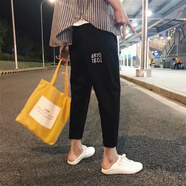 藍駿啟褲子韓版寬松百搭潮韓國bf原宿風(fēng)學(xué)生港仔文藝ulzzang男生九分褲 S02黑色-SC M