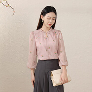勿忘花繡花小衫女2025新款秋新中式上衣粉色氣質(zhì)遮肚子雪紡衫國風(fēng) 粉色 S