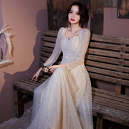 宴會(huì)晚禮服裙女平時(shí)可穿氣質(zhì)年會(huì)禮服女 小個(gè)子超閃晚禮服裙女新宴會(huì)氣質(zhì)年會(huì)主持人亮片高端大氣質(zhì)感 白色 L