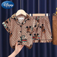 迪士尼（Disney）兒童睡衣夏季冰絲短袖薄款男女童小女孩網(wǎng)紅可愛(ài)中大童家居服套裝 短袖短褲-金米奇 L碼 165身高95-110斤