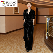 啄木鳥(niǎo)感2024春秋金絲絨套裝女高端女人味氣質(zhì)西裝兩件裝女 黑色 S