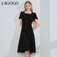 LAGOGO法式方領(lǐng)收腰連衣裙女拉谷谷夏季新款黑色泡泡袖高級感裙子 黑色(W1) L