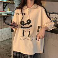 戀的翻領(lǐng)T恤女寬松韓版學(xué)生高中生初中生女生短袖衣服夏天原宿風(fēng)夏季嘻哈少女中學(xué)生女孩可愛(ài)polo衫上衣 杏色 均碼