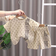 銀初新款男童夏套裝帥氣兒童時(shí)髦衣服寶寶夏季短袖兩件套潮 卡其色（滌綸面料） 90 cm