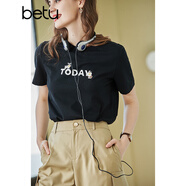 betu百圖女裝春裝新款寬松韓版卡通印花短袖T恤ins潮JD2102T08 黑色 XS