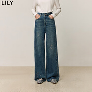 LILY冬新款女裝法式復古全棉設計感燙鉆顯瘦拖地闊腿褲牛仔褲 401藍色 M