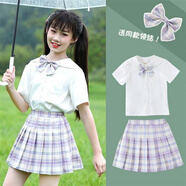 界方1-14歲洋氣小孩夏天穿的春秋女童套裝秋季兒童百褶格裙小學(xué)生中大童短裙子jk服六一表演服 丁香紫裙+Jk短袖白領(lǐng)+領(lǐng)花 140cm
