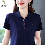 啄木鳥(niǎo)短袖t恤女大尺碼夏裝時(shí)尚減齡中年媽m媽polo衫翻領(lǐng)寬松百搭繡花上 藍色 A2274# L 105-120斤