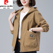 皮爾卡丹（pierre cardin）休閑大號(hào)寬松連帽短外套女春秋季新款韓版中年減齡夾克顯瘦 卡其色 XL125-135斤