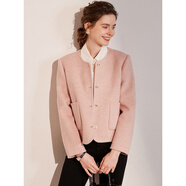 白鹿語(yǔ)冬季羊毛混紡雙面呢大衣墊肩長(zhǎng)袖大口袋短外套女 粉色 XL 