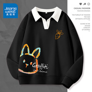 真維斯（JEANSWEST）衛(wèi)衣女外套春秋冬季新款polo領(lǐng)撞色寬松上衣服女生長袖設(shè)計感女裝 黑色 兔子涂鴉_KZ M 【推薦體重101-120斤】