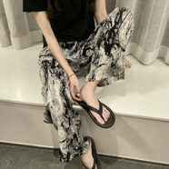 黛卡淇夏天綿綢闊腿褲女薄款防蚊褲可外穿涼感棉綢睡褲甜美閨蜜款家居褲 01水墨畫(huà) 50 常規(褲長(cháng)92 建議身高1-157