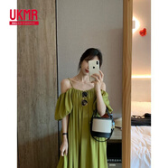 UKMR綠色法式沙灘裙胖遮肉吊帶一字肩連衣裙女夏寬松露肩顯白長(zhǎng)裙子 綠色 3XL 建議140-150斤