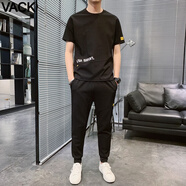 VACK 夏天休閑短袖套裝男寬松圓領(lǐng)衣服情侶裝冰絲T恤男裝夏季運動(dòng)服 85黑色 XL(125-140斤)