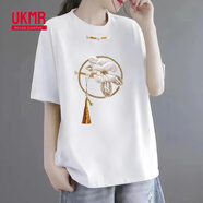 UKMR夏季新中式國風短袖印花T恤女大碼寬松遮肚時尚百搭上衣潮 白色【國風花朵】單件裝 XL 建議120-140斤