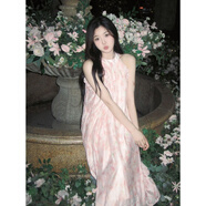 索宛亦甜美無(wú)袖掛脖連衣裙女夏季修身顯瘦碎花長(zhǎng)裙小眾粉色過膝露肩裙子 碎花裙 S