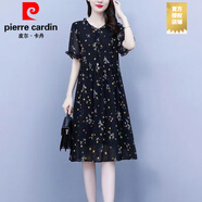 皮爾卡丹（PIERRE CARDIN）短袖碎花休閑真絲連衣裙女士夏季中年母親感大號顯瘦遮肚中長裙子 裙子夏天女裝2025黑色(高品質) L 廣州十三行連衣裙建議95-120斤