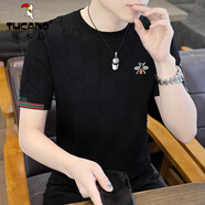 啄木鳥(niǎo) 冰絲圓領(lǐng)短袖T恤男士薄款蜜蜂刺繡針織百搭體恤衫半袖上衣T 黑色 XL